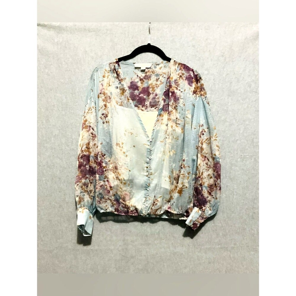 LOVESTITCH Blue Floral Dobby Blouse S Button Up Surplice V-Neck Boho Romantic